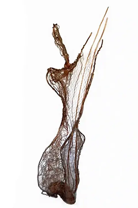 Sculpture of a woman made of copper and steel, dimensions 121x53x25  cm, modern art.