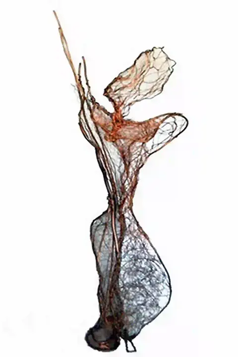 Sculpture of a woman made of copper and steel, dimensions 121x53x25  cm, modern art.