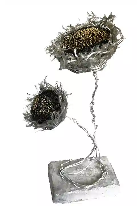Sculpture of a sunflower, mixed media, expressionist.