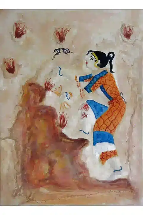 Painting on a female bust depicting saffron gatherers, from the fresco of Knossos, Minoan civilization, Greek mythology