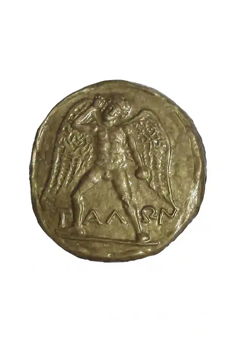 Enlarged replica of an ancient coin depicting the robot Talos, Minoan civilization, Greek mythology