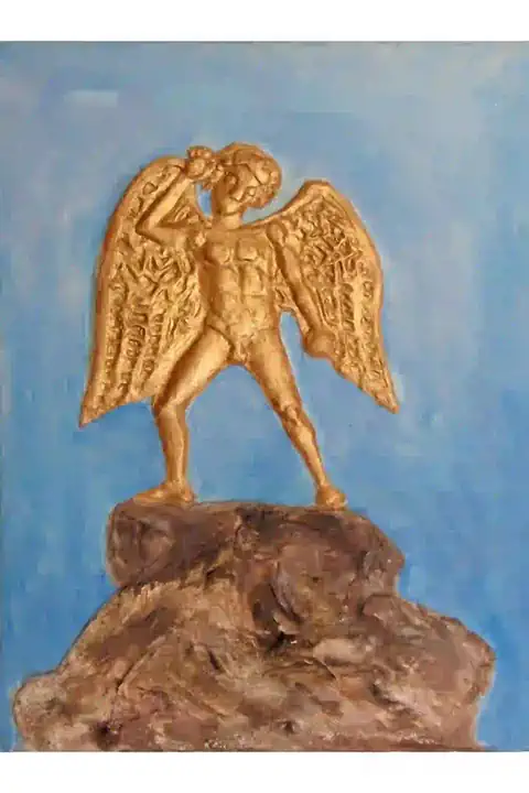 Handmade embossed painting depicting the robot Talos, Minoan civilization, Cretan art