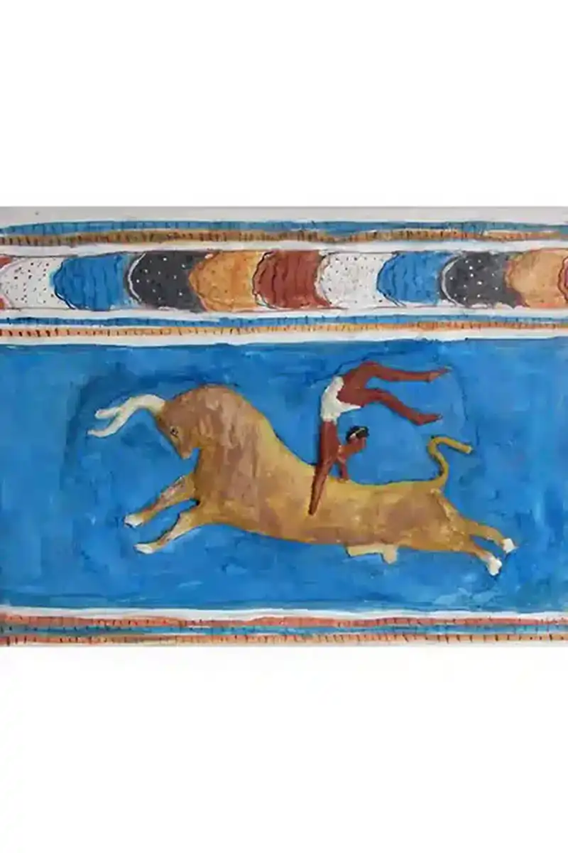 Handmade embossed painting, scene from the bull-leaping fresco, Minoan civilization, Cretan art