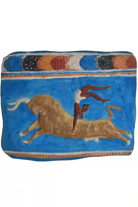 Handmade embossed painting, scene from the bull-leaping fresco, Minoan civilization, Cretan art