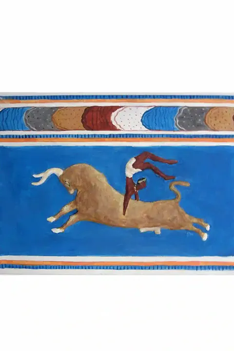 Handmade embossed painting, scene from the bull-leaping fresco, Minoan civilization, Cretan art
