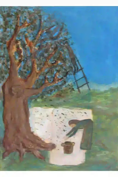 Handmade embossed painting depicting the olive harvest, Minoan civilization, Greek art
