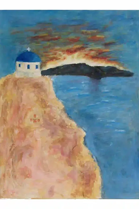 Handmade embossed painting depicting the sunset of Santorini, Minoan civilization, Cretan art