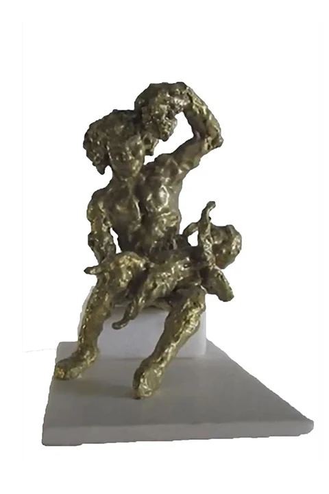 Handmade sculpture of the Satyr playing with Eros, Greek mythology, unique design, custom-made