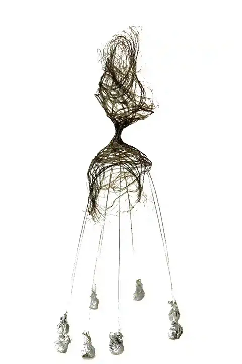Sculpture of a human figure, ethereal form made of steel, abstract.