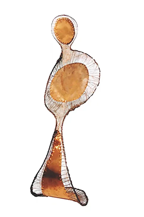 Sculpture of a man made of copper and steel, dimensions 160x60x70  cm, abstract.