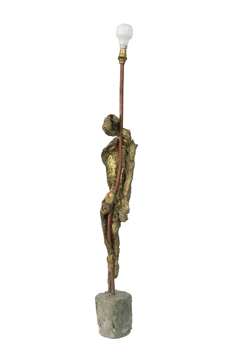 Sculpture of a woman leaning on a column, bronze and copper sculpture, 97x17x12cm