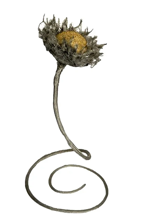 Sculpture of a sunflower in the shape of a snake, mixed media, expressionist.