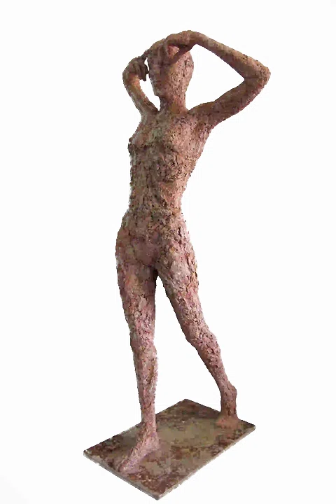 The sculpture of a woman titled 'Theanthropos', with dimensions of 167x75x70 centimeters. The artwork exudes both divine and human elements.