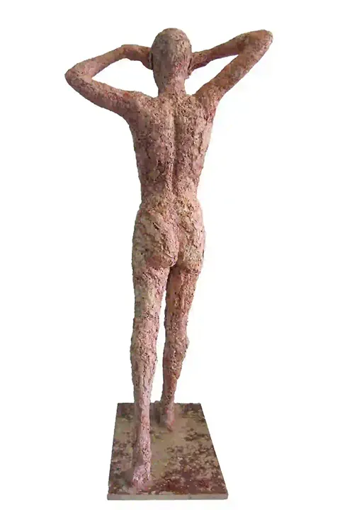 The sculpture of a woman titled 'Theanthropos', with dimensions of 167x75x70 centimeters. The artwork exudes both divine and human elements.