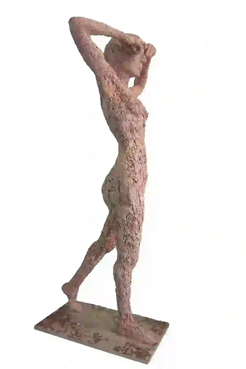 The sculpture of a woman titled 'Theanthropos', with dimensions of 167x75x70 centimeters. The artwork exudes both divine and human elements.