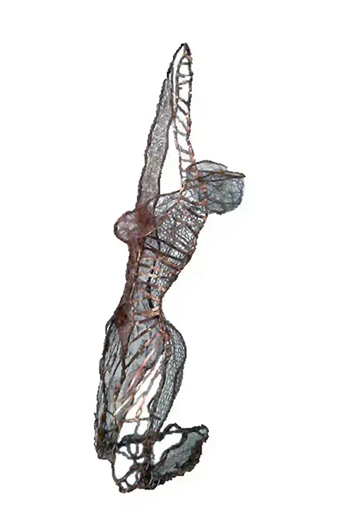 Sculpture of a woman made of copper and steel, dimensions 140x52x35  cm, modern art.