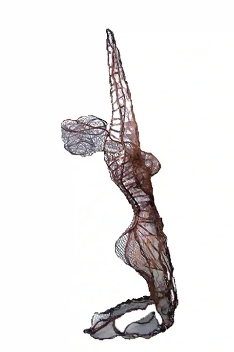 Sculpture of a woman made of copper and steel, dimensions 140x52x35  cm, modern art.